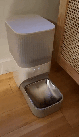 a gif showing pet food dispensing from a reviewer's feeder