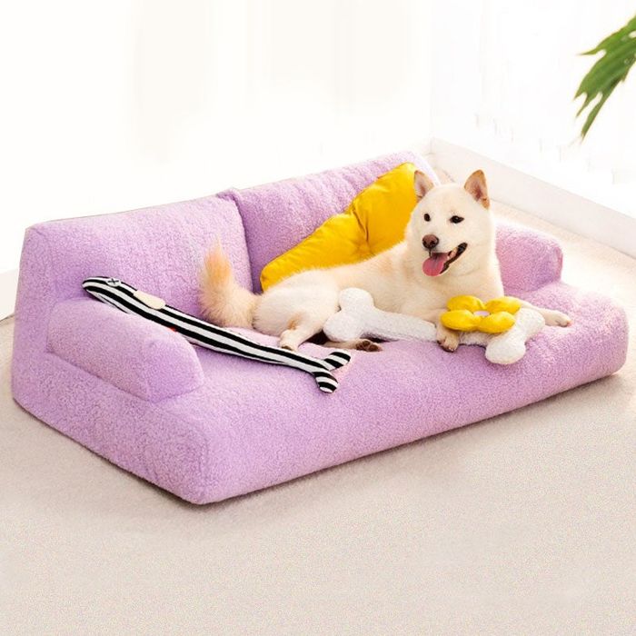A spacious pink dog bed