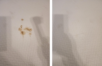 Before-and-after photos of carpet stain removal: the left shows a stubborn stain, while the right reveals a spotless carpet
