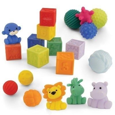 A set of blocks, balls, and toys perfect for little hands.