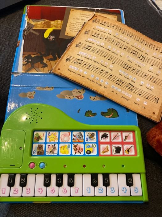 An interactive children’s book with animal illustrations, musical notes, and a mini piano keyboard for playing songs. Includes labeled buttons featuring animals and instruments.