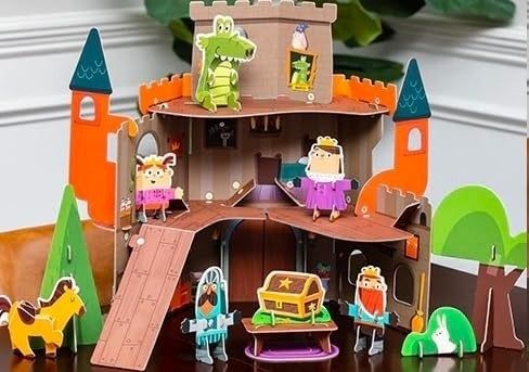 A medieval-inspired cardboard castle playset complete with knights, a king, a queen, a treasure chest, a horse, and an alligator. Perfect for young children.