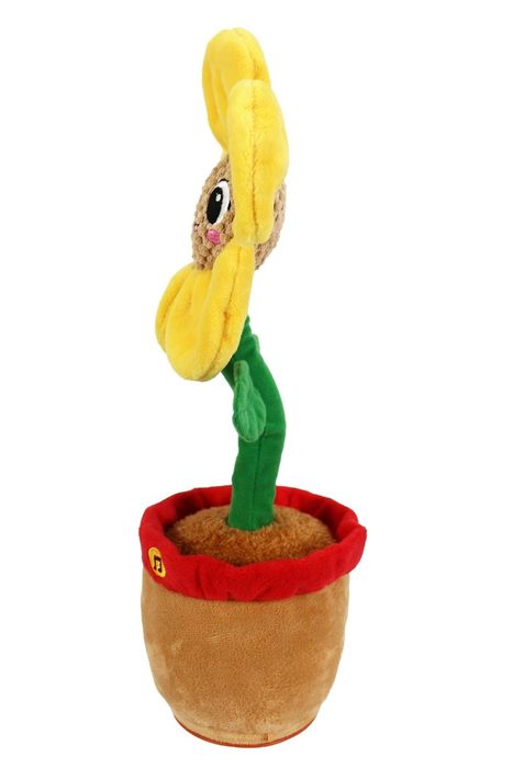 A sunflower-themed plush toy in a pot, ideal for decoration or play. The flower features a smiling face, a green stem, and a brown pot base with a red rim.