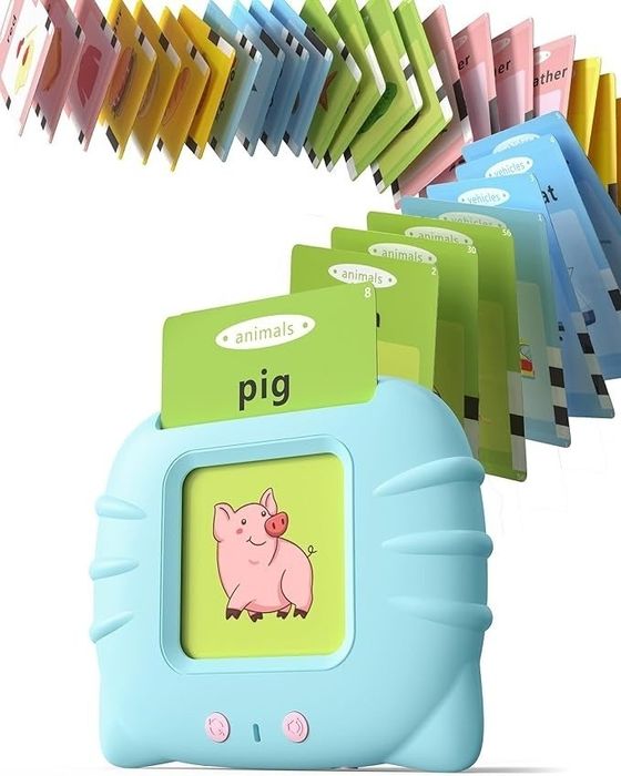 An electronic learning toy for kids, featuring a card labeled 
