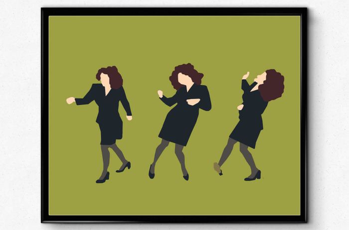 A green print featuring three stills of Elaine performing the signature little kicks dance, devoid of facial features or intricate details