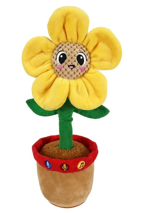 A smiling plush sunflower toy placed in a colorful pot decorated with vibrant symbols.