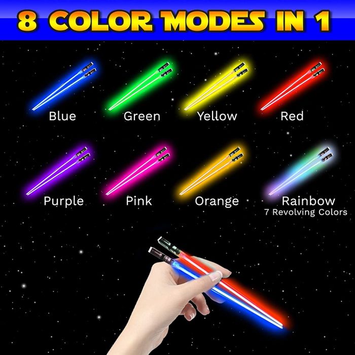 A diagram showcasing the eight dazzling colors in which the lightsaber chopsticks can glow.