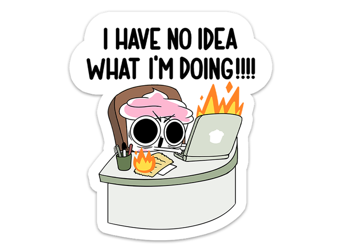 The sticker of Cuppy sitting at a desk with a laptop and papers on fire