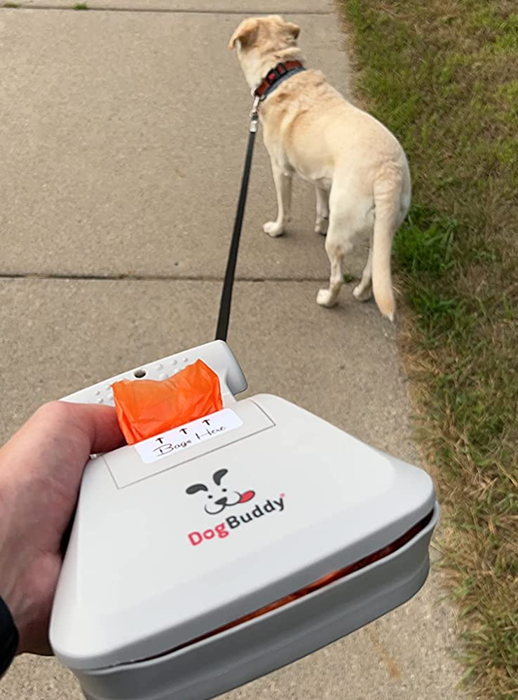 A reviewer demonstrating how to use the scooping tool with attached bags, while the device is connected to a dog's leash.