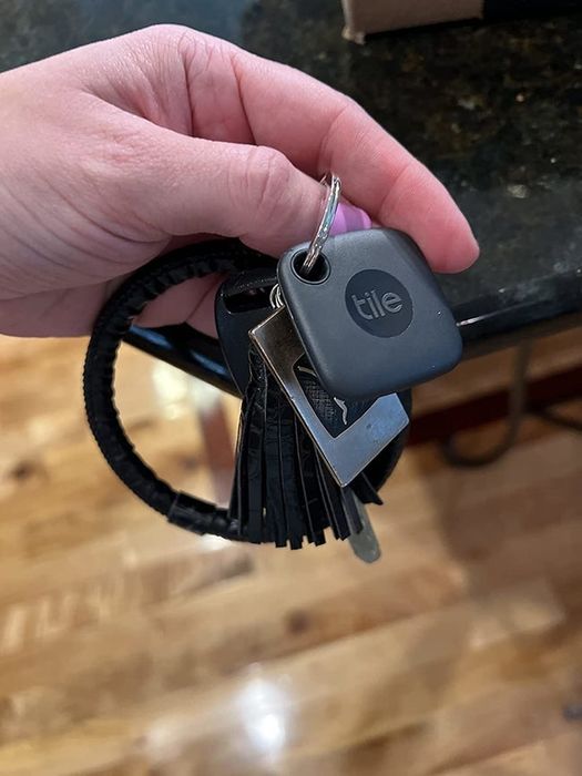 The black square-shaped tracker attached to a keychain.