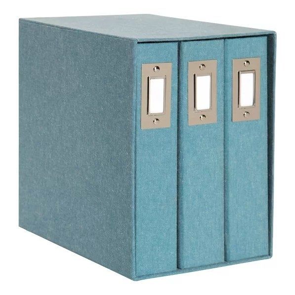 Three teal photo albums neatly arranged in a decorative case.