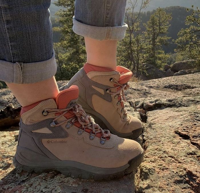 Tan and grey hiking boots.