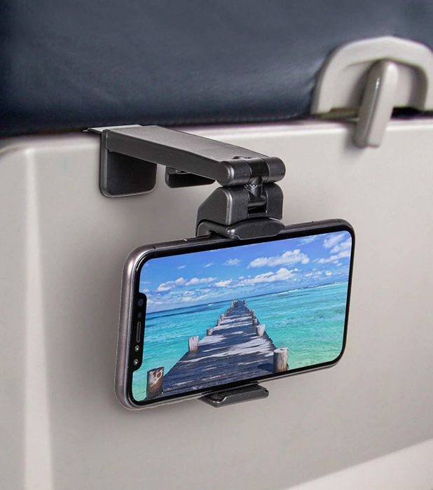 the mount securely fastened to an airplane tray table