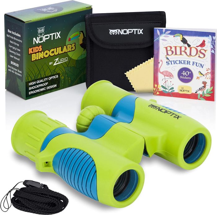 Children's binoculars featuring bird stickers and packaging; designed ergonomically for little hands