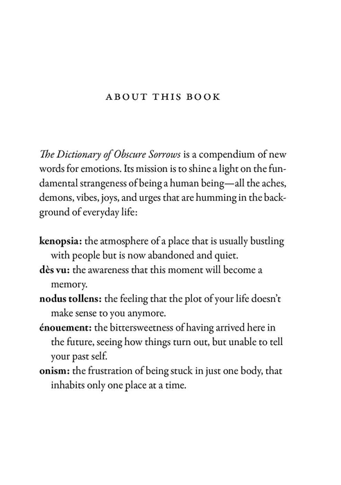 a page from the book featuring definitions such as kenopsia: the eerie feeling of a place that’s usually lively but now lies deserted and silent