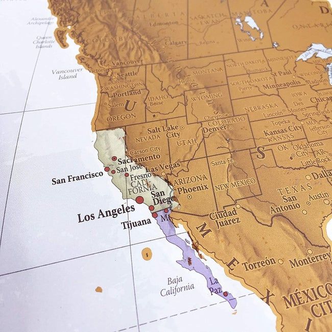 The map highlights California, with the state already scratched off to mark their travels.