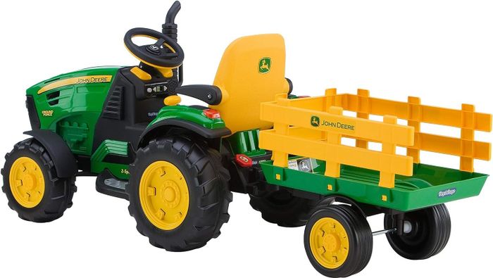 Toy John Deere tractor complete with a detachable trailer designed for kids.
