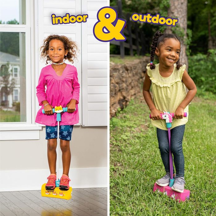 A child bouncing on a foam pogo stick both indoors and outdoors