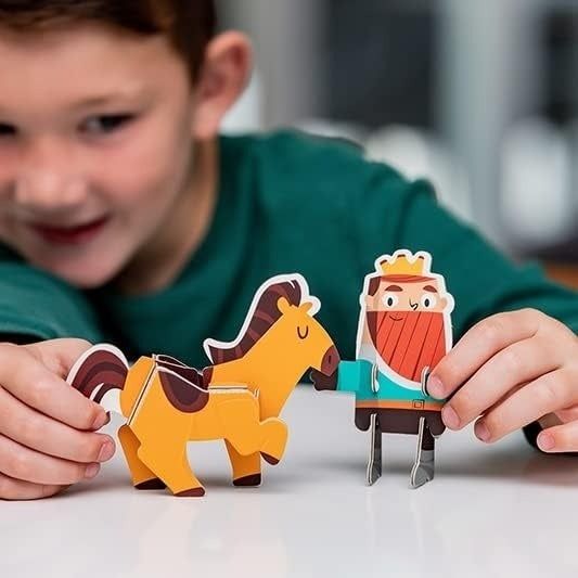 A child plays with cartoonish, colorful toy figures of a knight and a horse, bringing the medieval scene to life.