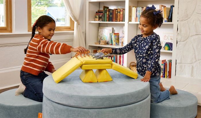 Two children playing with a yellow toy on a round blue ottoman in a cozy room filled with bookshelves