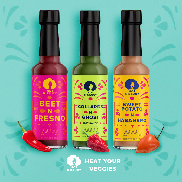 Three distinct hot sauces: beet and fresno, collards and ghost, and sweet potato and habanero.
