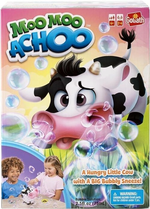 The Moo Moo Achoo box features a cartoon cow along with a playful warning about a big bubbly sneeze. The children on the box are seen enjoying bubbles and toys.
