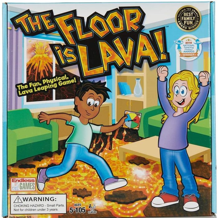 The game box of The Floor is Lava, featuring two animated children playing the game.
