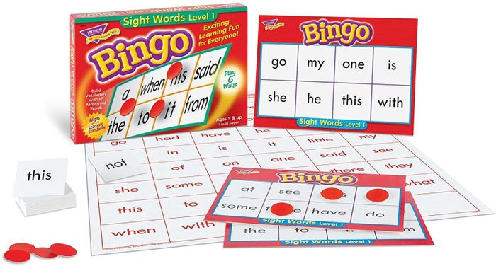 A word board that includes chips, cards, and packaging to enhance the learning of sight words.