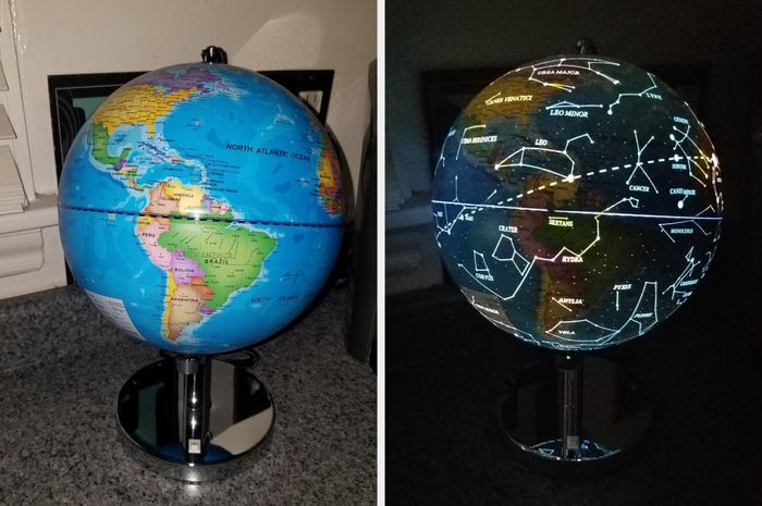 A reviewer's split-image photo showcasing the globe in world map form and glowing in constellation mode.