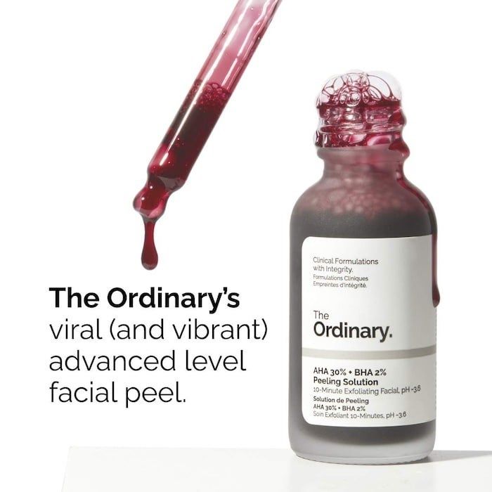 The Ordinary AHA 30% + BHA 2% Peeling Solution bottle with a dropper; a vibrant facial peel highlighted in a shopping article