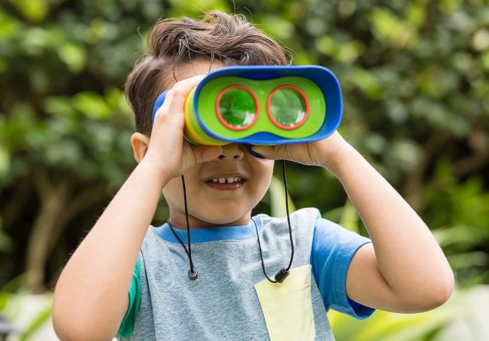A child peering through the binoculars, exploring the world around them.
