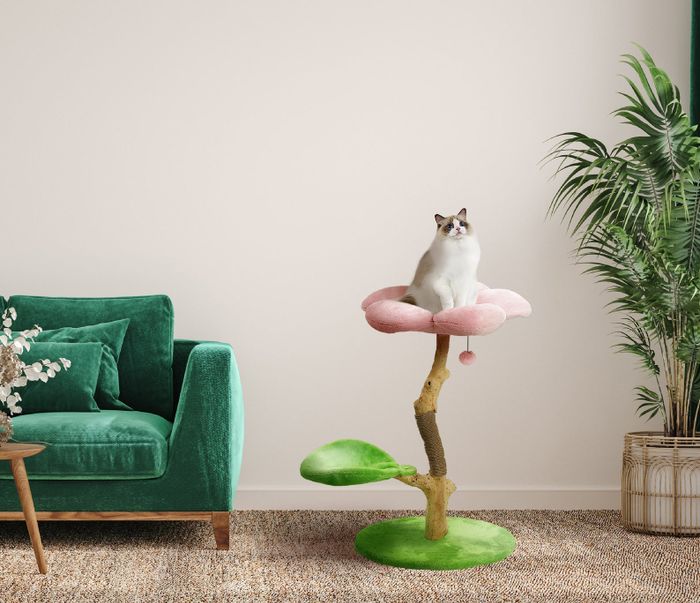 A cat lounging on a flower-shaped perch, with an additional sitting area shaped like a leaf for extra comfort.