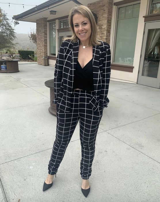 A reviewer wearing the suit