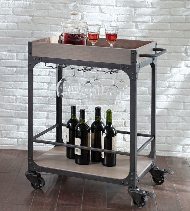 A stylish bar cart in someone's home, ready for use.