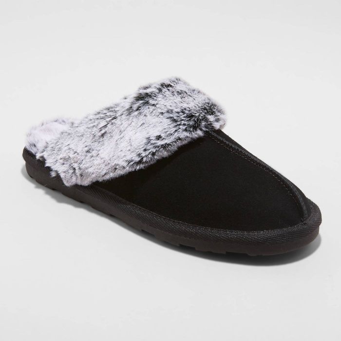 A black pair of slippers featuring soft faux grey fur, offering a cozy, stylish look perfect for lounging at home or casual outings.