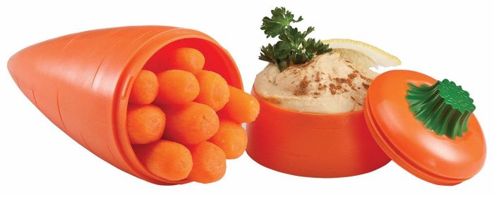 A carrot-shaped container featuring two sections: a long one for storing carrots and a round one perfect for dips like hummus, complete with a lid to keep it all secure.