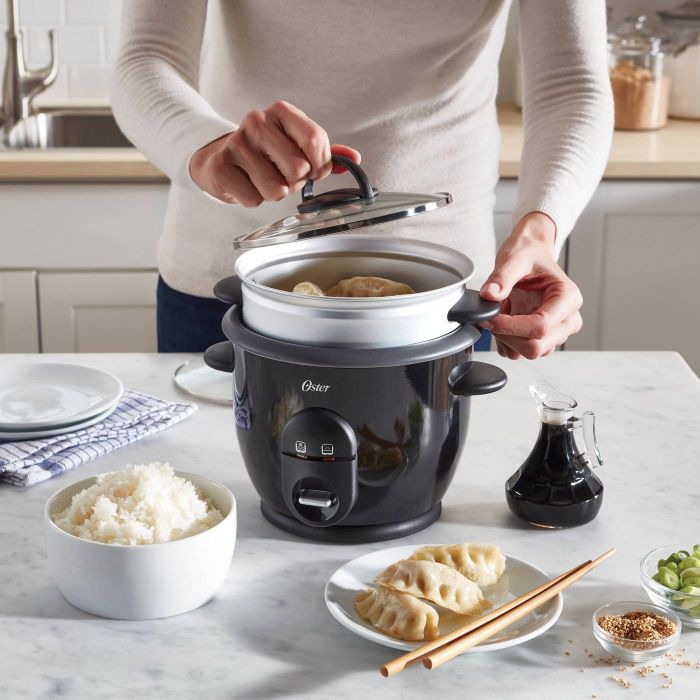 A model using a rice cooker with rice and dumplings.