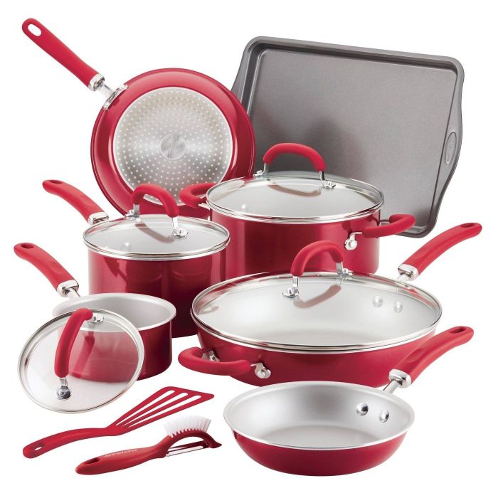 A set of red-colored pots and pans, perfect for any kitchen.