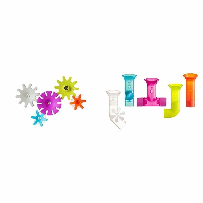Brightly colored bath toys, including gears and tubes, to entertain and engage children during their bath time routine.