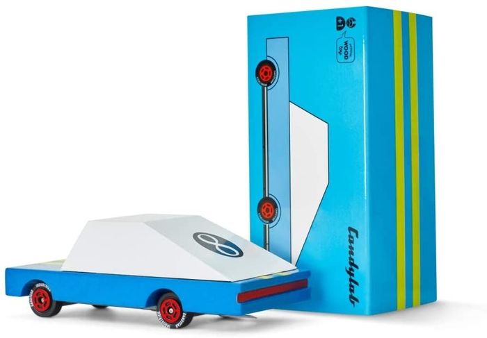 A blue and white, retro-style wooden toy car