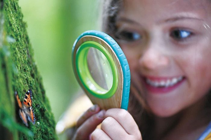 A young child uses the magnifying glass from the nature detective set to study a butterfly up close.