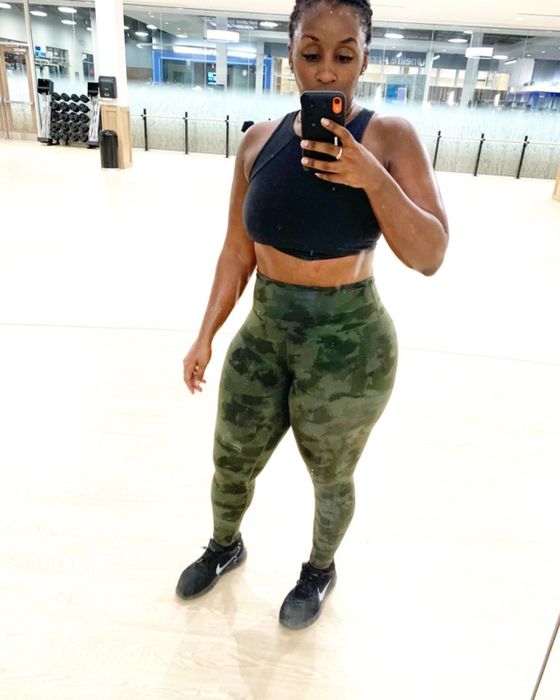 Another reviewer sporting the leggings in a trendy green camo pattern.