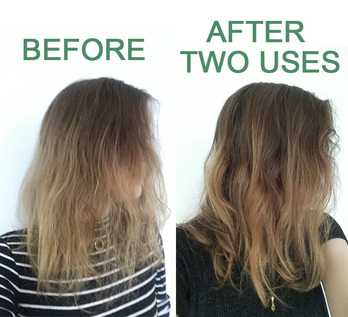 Before image showing dry, damaged hair, followed by the same person with smoother, more hydrated hair