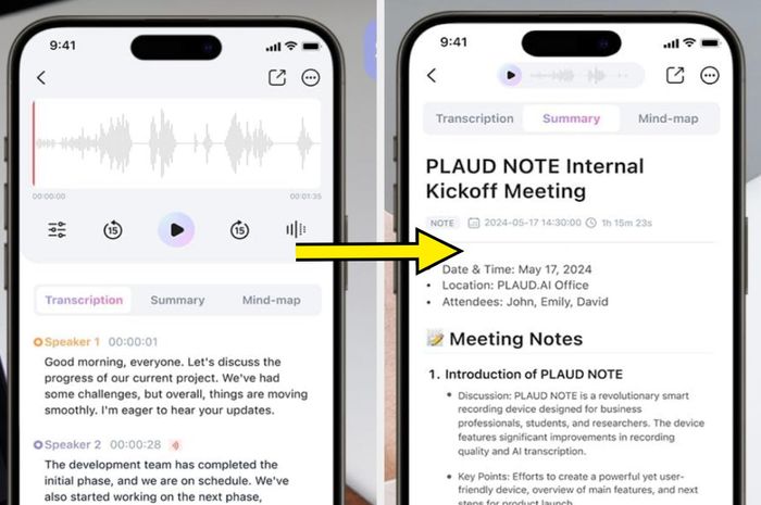 Two smartphone screens displaying a transcription app with meeting notes and details