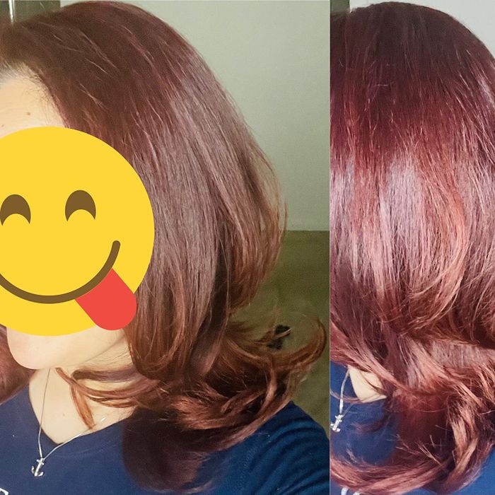 Side-by-side comparison of a hairstyle from different perspectives, one side partially covered with a smiley face