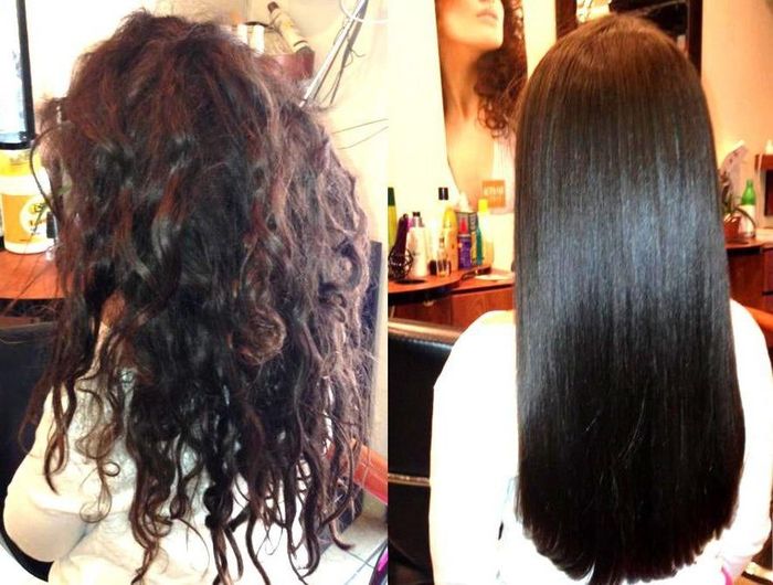 Before and after hair treatment: curly, frizzy hair transformed into a sleek, straight look at a salon