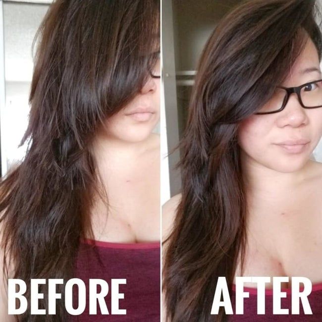 A before-and-after photo of the reviewer showing hair with flyaways before using the serum, followed by smooth hair afterward