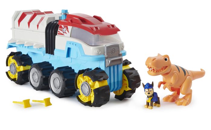 A Paw Patrol vehicle featuring Chase and a T. rex figurine.