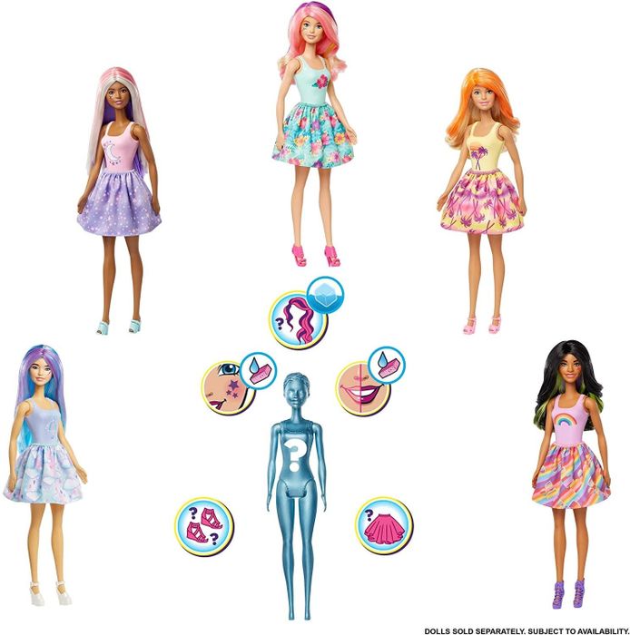 The different Barbie dolls that can be revealed after dipping them in the color-changing water.