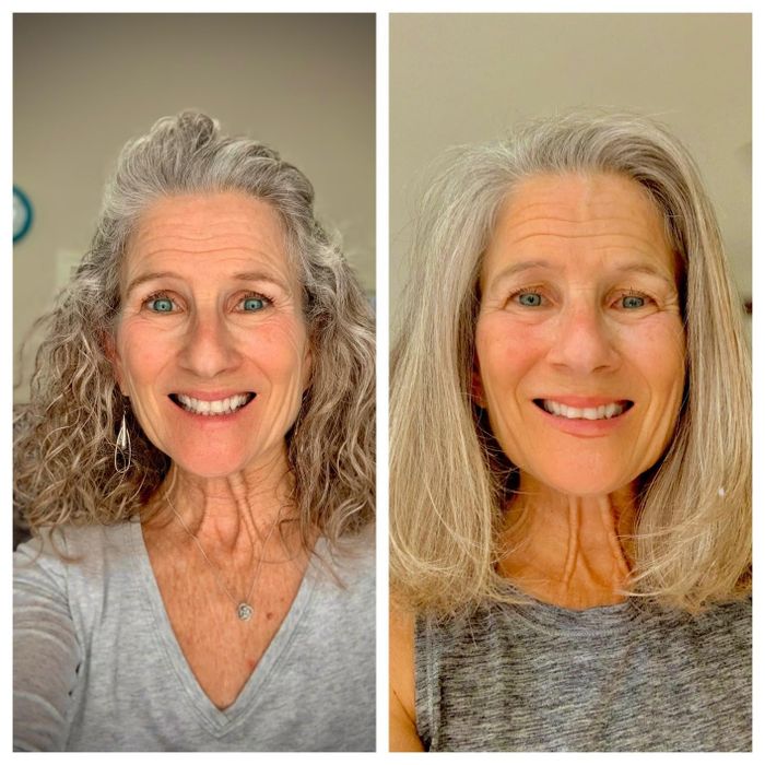 Two images of a smiling older person with gray hair. Left: curly style. Right: straight style. Wearing casual attire, their expression is cheerful and happy